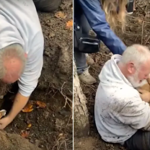 A heartbroken owner was brought to tears after finding his dog trapped in a foxhole for a grueling 50 hours.